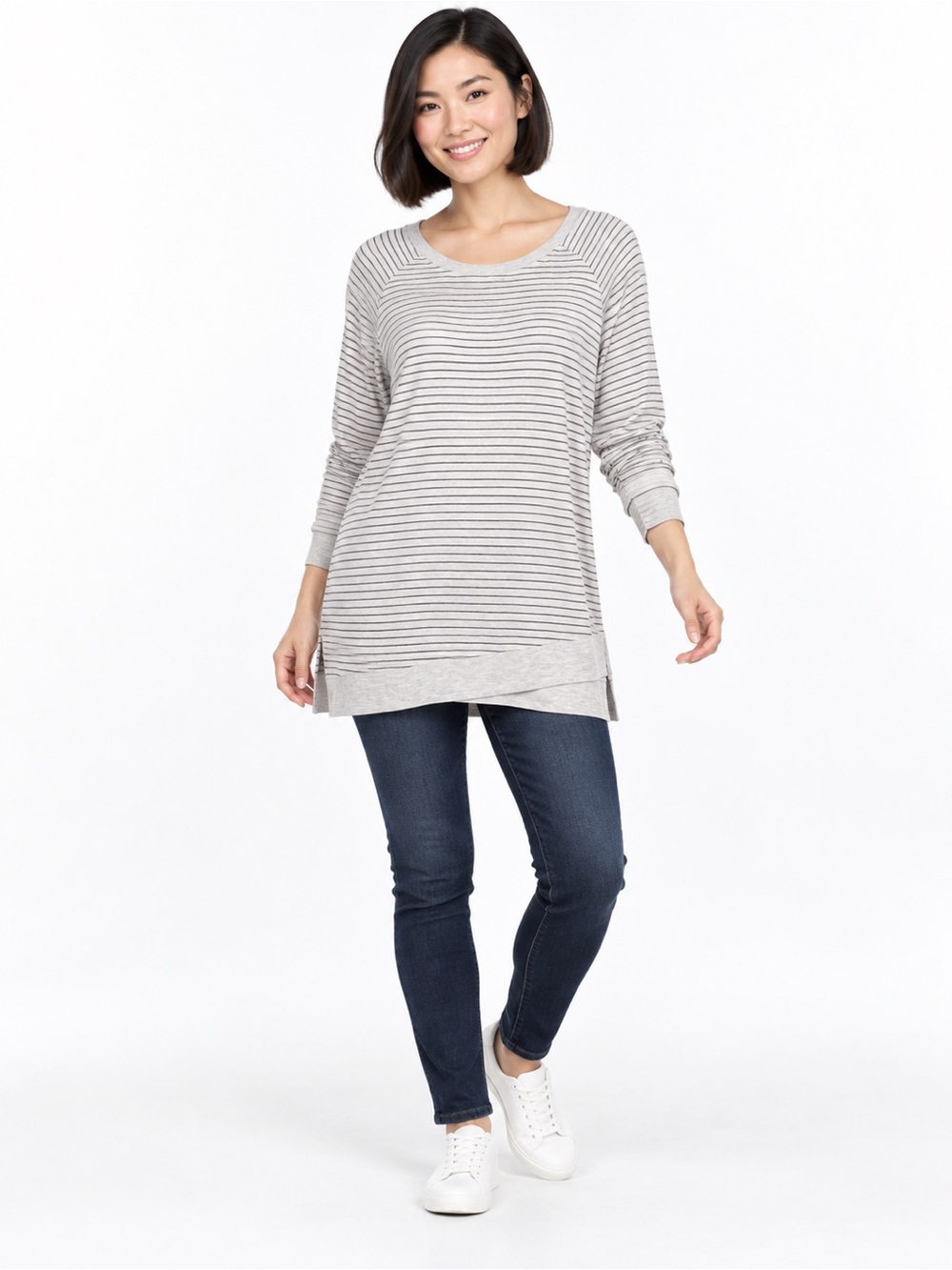 Danskin NEW White Gray Striped Long Sleeve Athleisure Gorpcore Casual Top Sz. XL